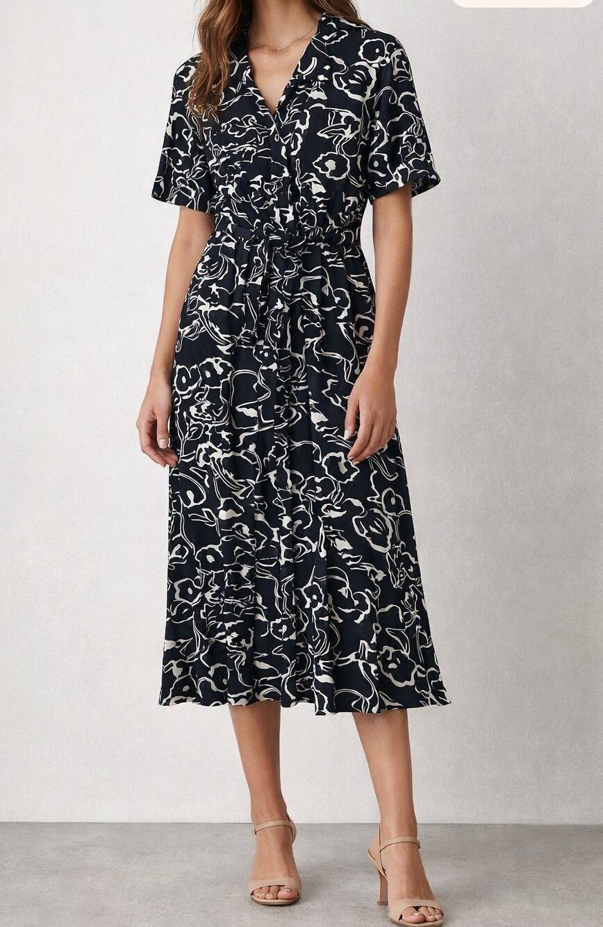 Melloday Floral Short Sleeve Belted Midi Shirt Dress Black White Large
